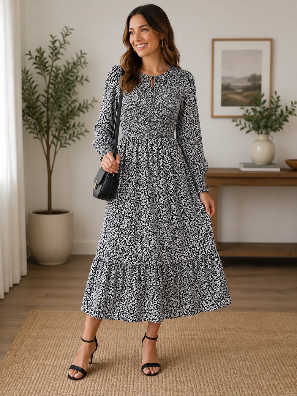 Black & White Floral Smocked Maxi Dress